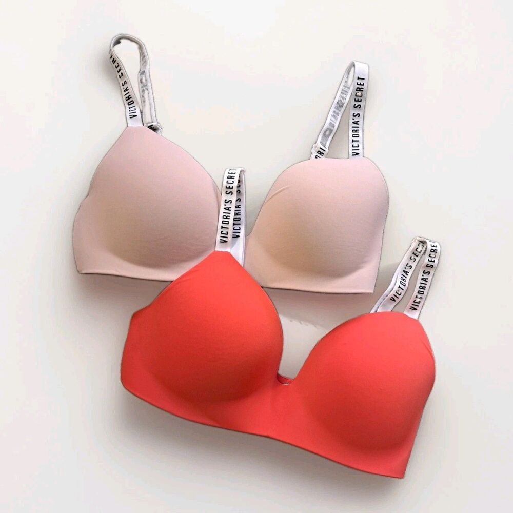 (2) Victoria's Secret T-Shirt Lightly Lined Wireless Bra Red Nude Size 34D